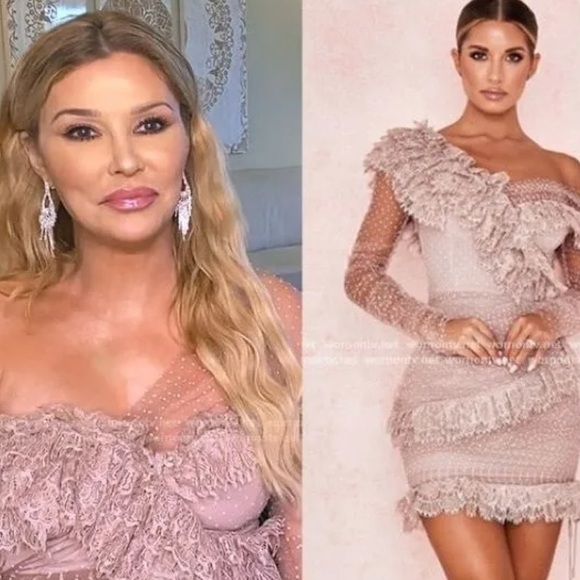 HOUSE OF CB Sorrel Blush Pink Off the Shoulder Lace Ruffle Mini Dress Large NWT - Picture 2 of 16